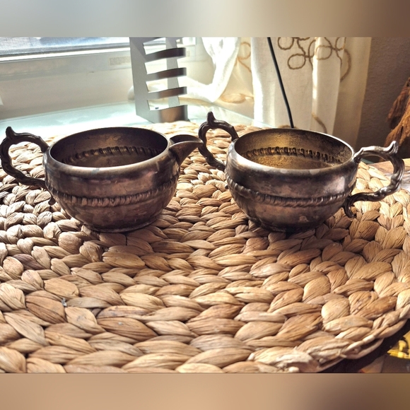Silver with Copper Scroll Cream and Sugar dishes - Antique Tarnished  - Picture 1 of 8